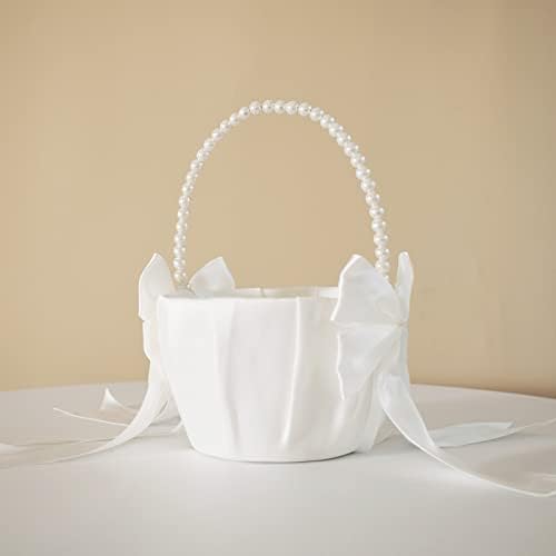 Ivory Satin Flower Girl Basket with Pearl Handle