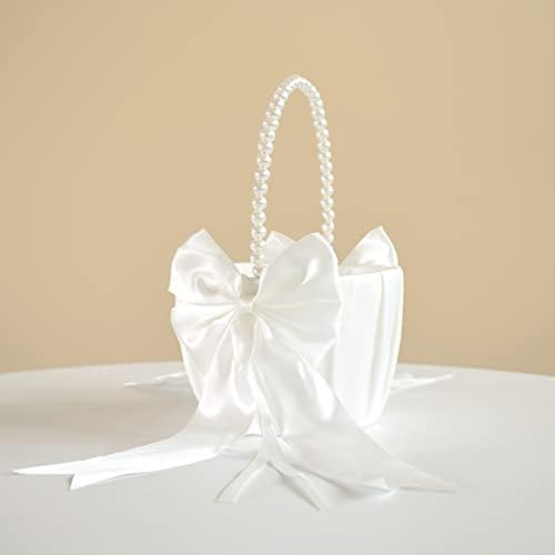 Ivory Satin Flower Girl Basket with Pearl Handle