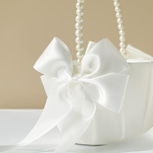 Ivory Satin Flower Girl Basket with Pearl Handle