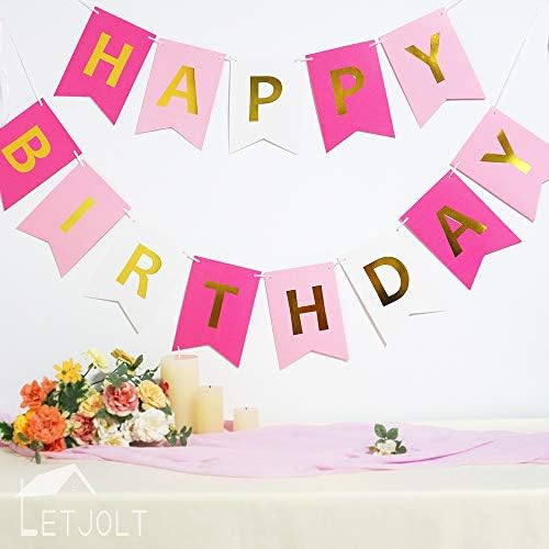 Roseo Pink Happy Birthday Banner with Golden Sparkle