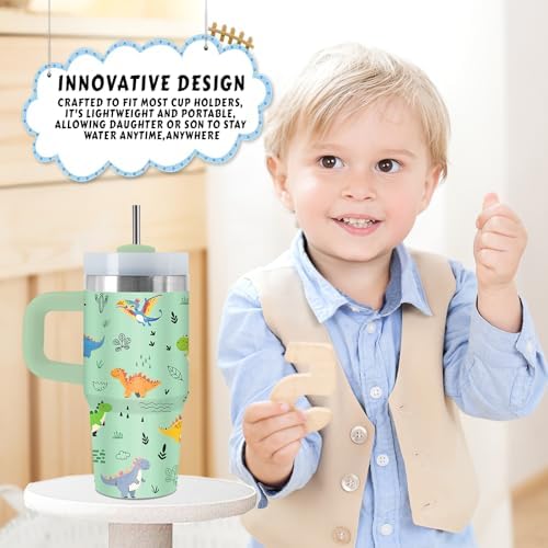 Dinosaur Tumbler with Handle and Straw 14 Oz