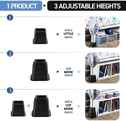 Home It Adjustable Bed Risers 4 Pack Black 3 5 8 Inch