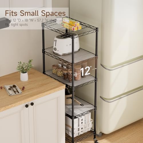 Golpart Small 5 Tier Metal Shelving Unit with Wheels Black