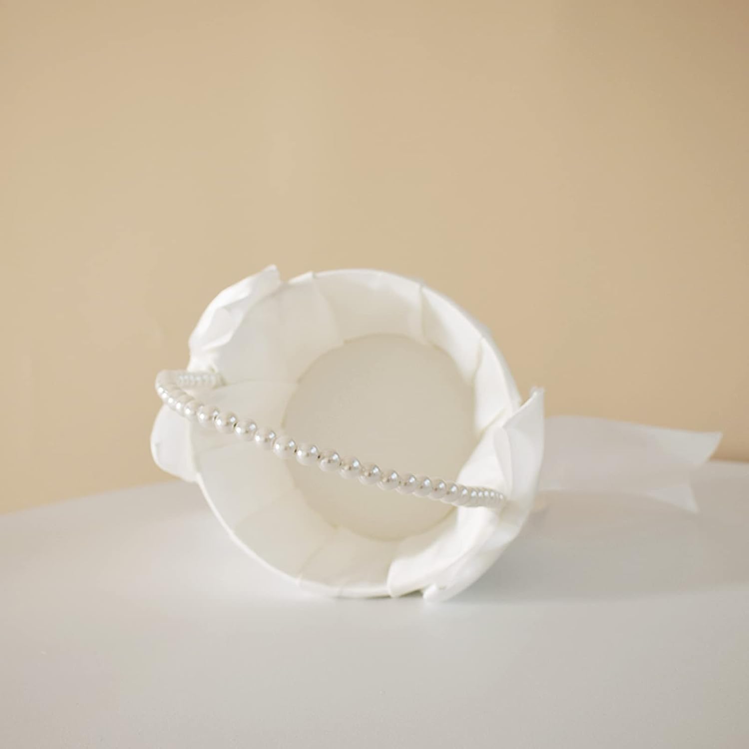 Ivory Satin Flower Girl Basket with Pearl Handle