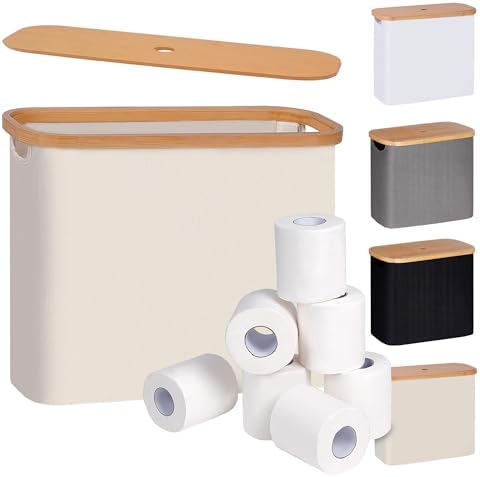 Toilet Paper Basket with Lid 9-12 Rolls Capacity Free Standing Organizer Beige