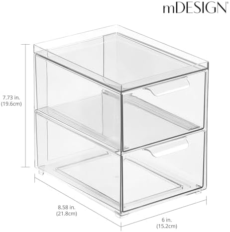 mDesign Stackable Storage Containers with 2 Drawers - 4 Pack Clear