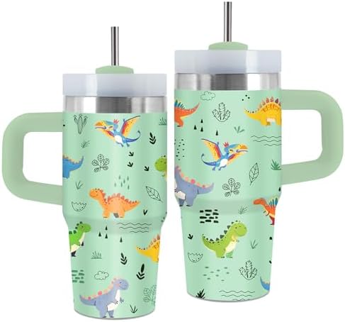 Dinosaur Tumbler with Handle and Straw 14 Oz
