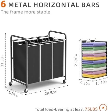 ROMOON 3 Compartment Laundry Sorter with Wheels and Removable Liners