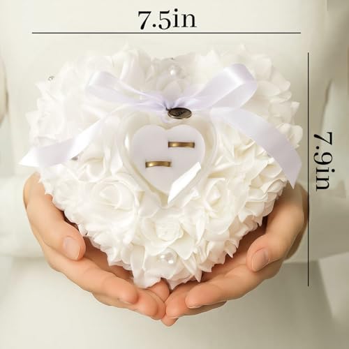 HONEYGIFTS Wedding Ring Pillow Heart Shape Rose Lace Cushion