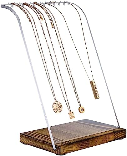 MyGift Modern Multi Necklace Holder with Clear Panel and Burnt Wood Base
