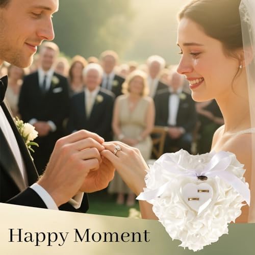 HONEYGIFTS Wedding Ring Pillow Heart Shape Rose Lace Cushion