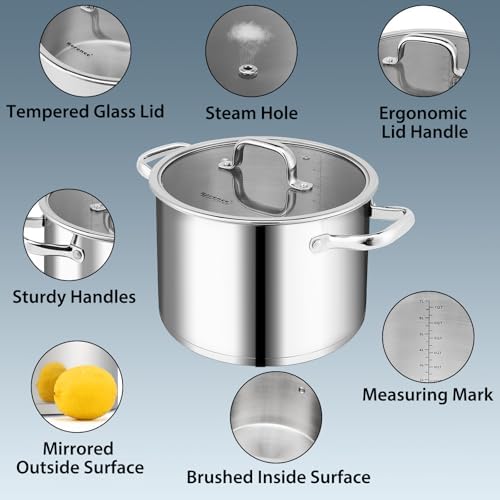 Rorence 8 Qt Stainless Steel Stockpot with Tempered Glass Lid