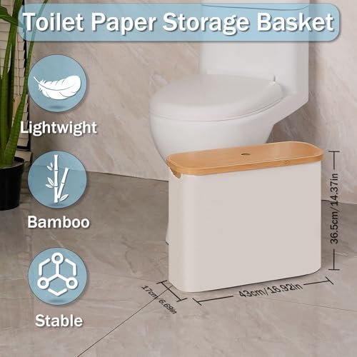 Toilet Paper Basket with Lid 9-12 Rolls Capacity Free Standing Organizer Beige