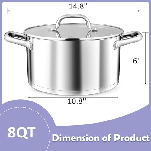 TeamFar 8QT Stock Pot with Lid and Tri-ply Bottom