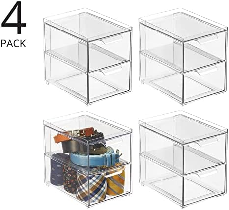 mDesign Stackable Storage Containers with 2 Drawers - 4 Pack Clear