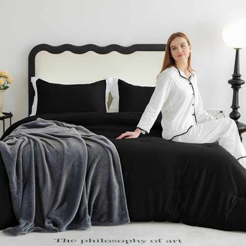 CozyLux Queen Comforter Set Black 3 Piece