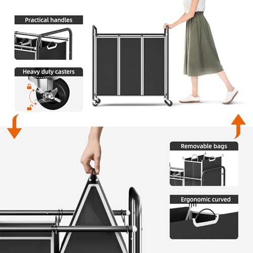ROMOON 3 Compartment Laundry Sorter with Wheels and Removable Liners