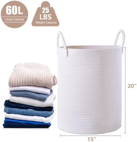 60L Pure White Woven Laundry Basket for Living Room Baby Nursery