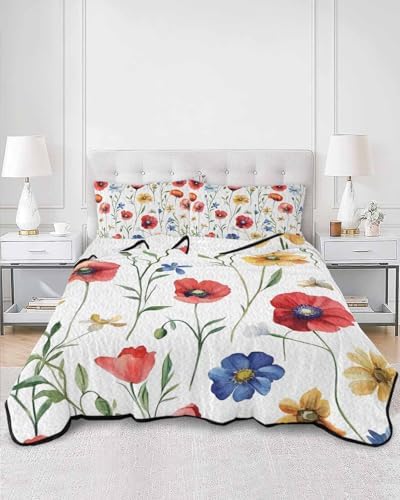 RisQiten King Size Quilt Set with Shams Pink Poppy Design