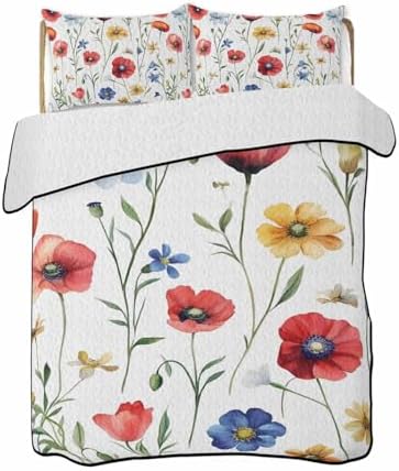 RisQiten King Size Quilt Set with Shams Pink Poppy Design