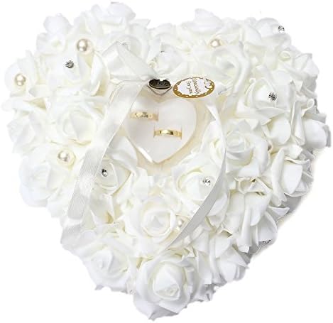 HONEYGIFTS Wedding Ring Pillow Heart Shape Rose Lace Cushion