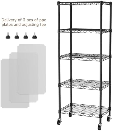 Golpart Small 5 Tier Metal Shelving Unit with Wheels Black