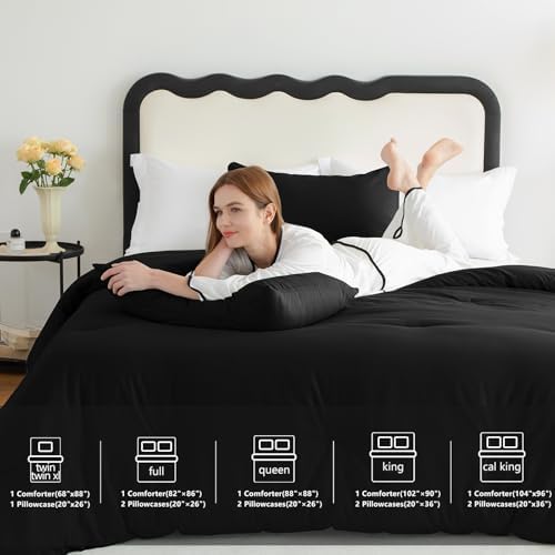 CozyLux Queen Comforter Set Black 3 Piece