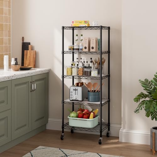 Golpart Small 5 Tier Metal Shelving Unit with Wheels Black