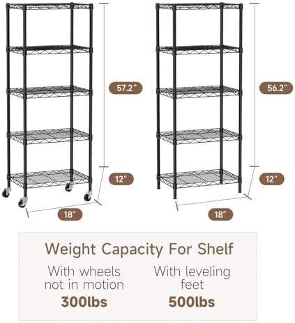 Golpart Small 5 Tier Metal Shelving Unit with Wheels Black