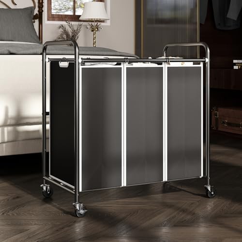 ROMOON 3 Compartment Laundry Sorter with Wheels and Removable Liners