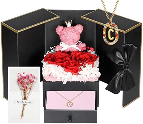 Cute Preserved Real Roses Bear Gift Box for Girlfriend with Initial Necklace