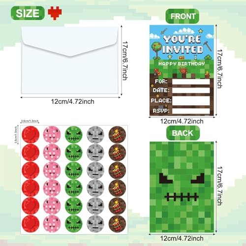 Pixel Birthday Invites 30 Sets with Stickers and Envelopes