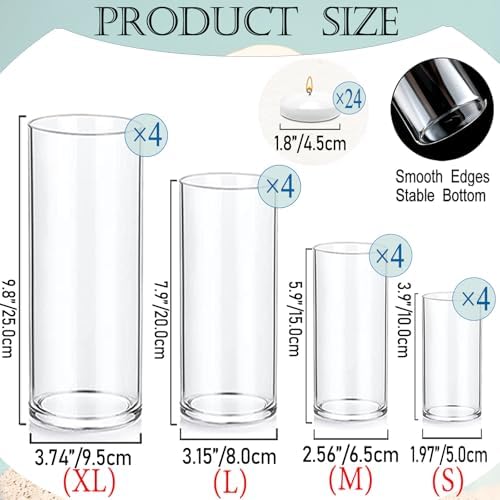 Set of 16 Glass Cylinder Vases with 24 Floating Candles for Centerpieces
