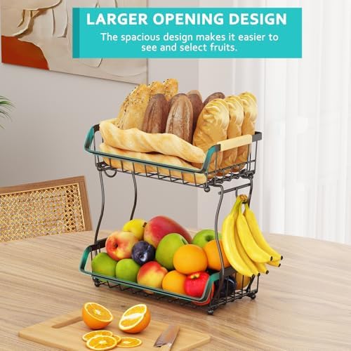 2 Tier Fruit Basket with Banana Hangers and Wooden Handles