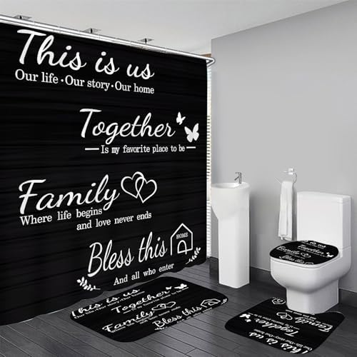 AZHM Family Shower Curtain Set with Rugs and 12 Hooks