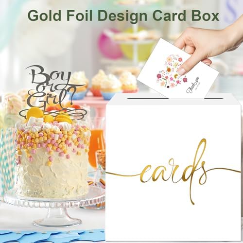 White Card Box with Gold Foil Design - Party Wedding Graduation Baby Shower