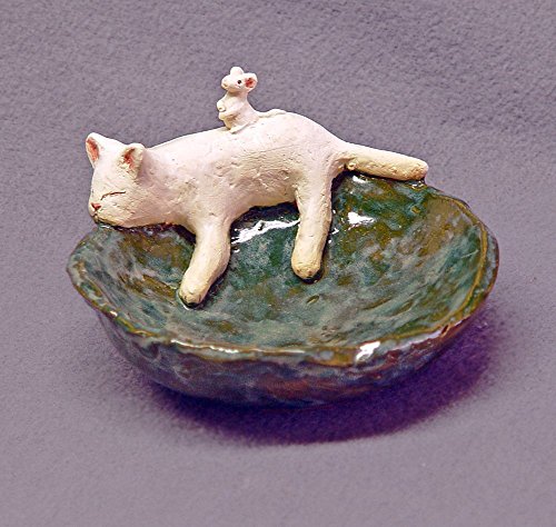Handmade Ceramic Cat Mouse Trinket Bowl Ring Holder Soap Dish Candle Holder