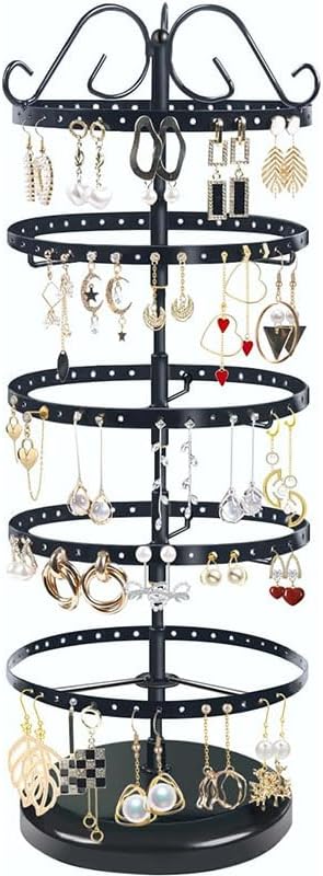 5-Tier Rotating Jewelry Display Stand with Adjustable Height Black Metal Organizer