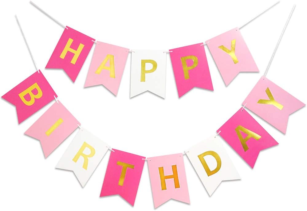 Roseo Pink Happy Birthday Banner with Golden Sparkle
