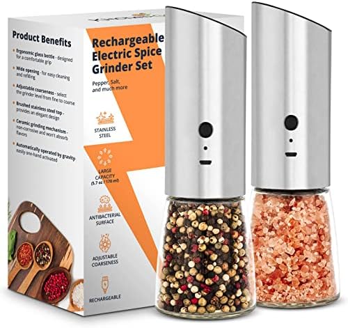 Rechargeable Salt and Pepper Grinder Set with Adjustable Coarseness