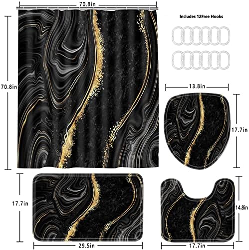 Nkzply 4 Pcs Black Shower Curtain Set with Rugs and Toilet Lid Cover