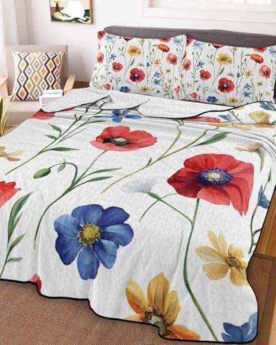 RisQiten King Size Quilt Set with Shams Pink Poppy Design