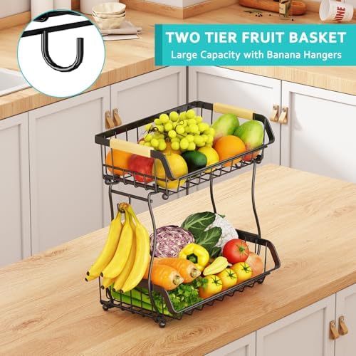 2 Tier Fruit Basket with Banana Hangers and Wooden Handles