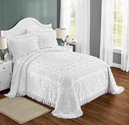 Montgomery Ward Emily Floral Chenille Bedspread Queen Size White