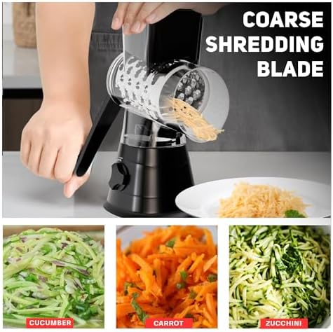 Rotary Cheese Grater with 3 Blades and Suction Base