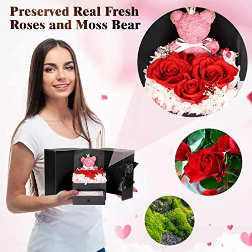 Cute Preserved Real Roses Bear Gift Box for Girlfriend with Initial Necklace