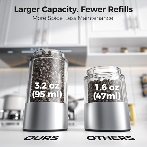 Larger Electric Salt and Pepper Grinder Set with Rechargeable Battery and Adjustable Coarseness