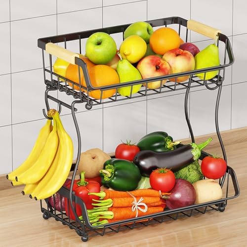2 Tier Fruit Basket with Banana Hangers and Wooden Handles