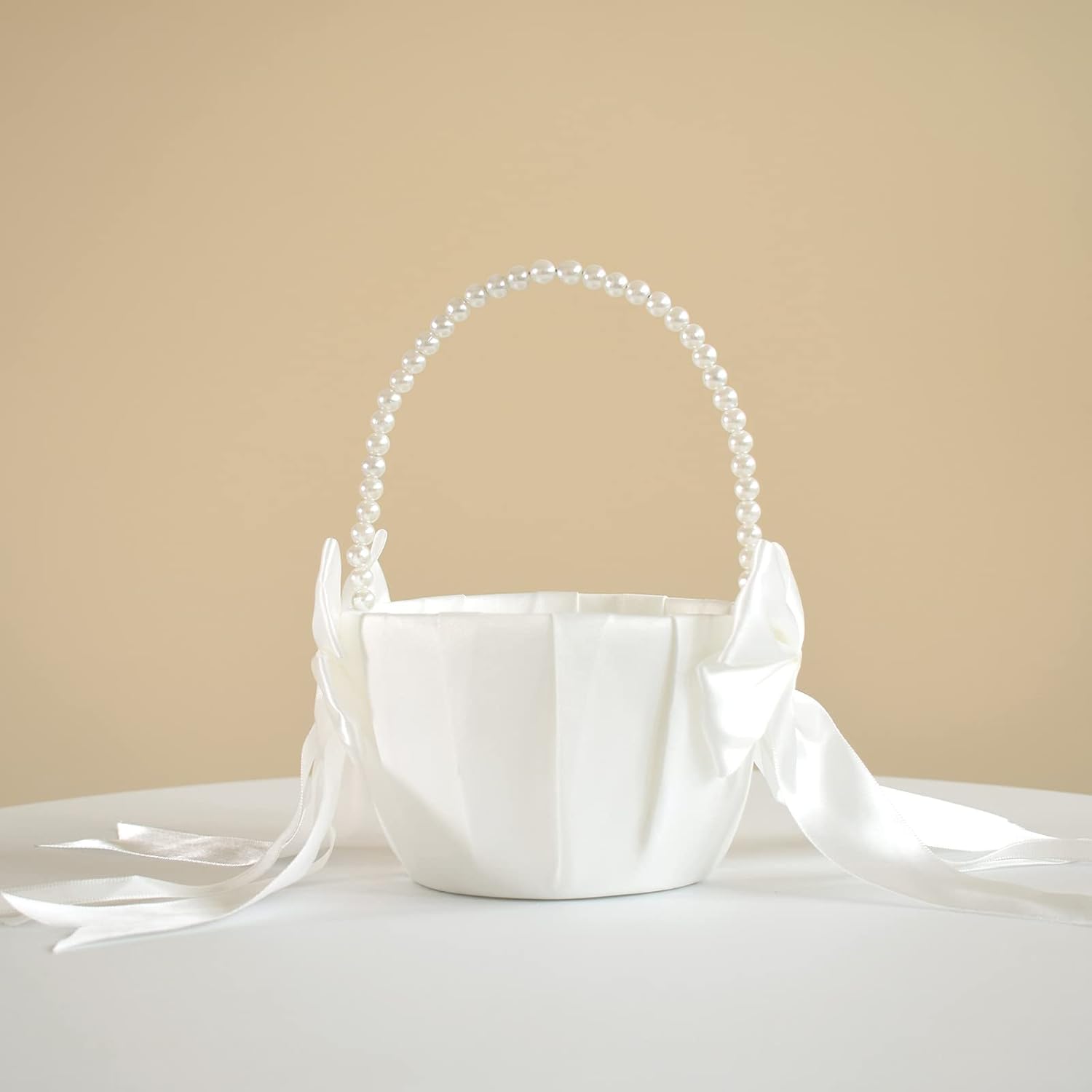 Ivory Satin Flower Girl Basket with Pearl Handle
