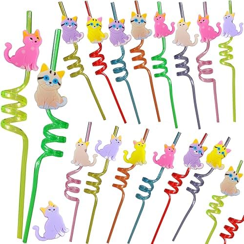 20 Cats Reusable Plastic Straws for School Events